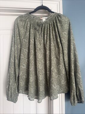 H&M Olive Green Floral Peasant Top with Tie Neck